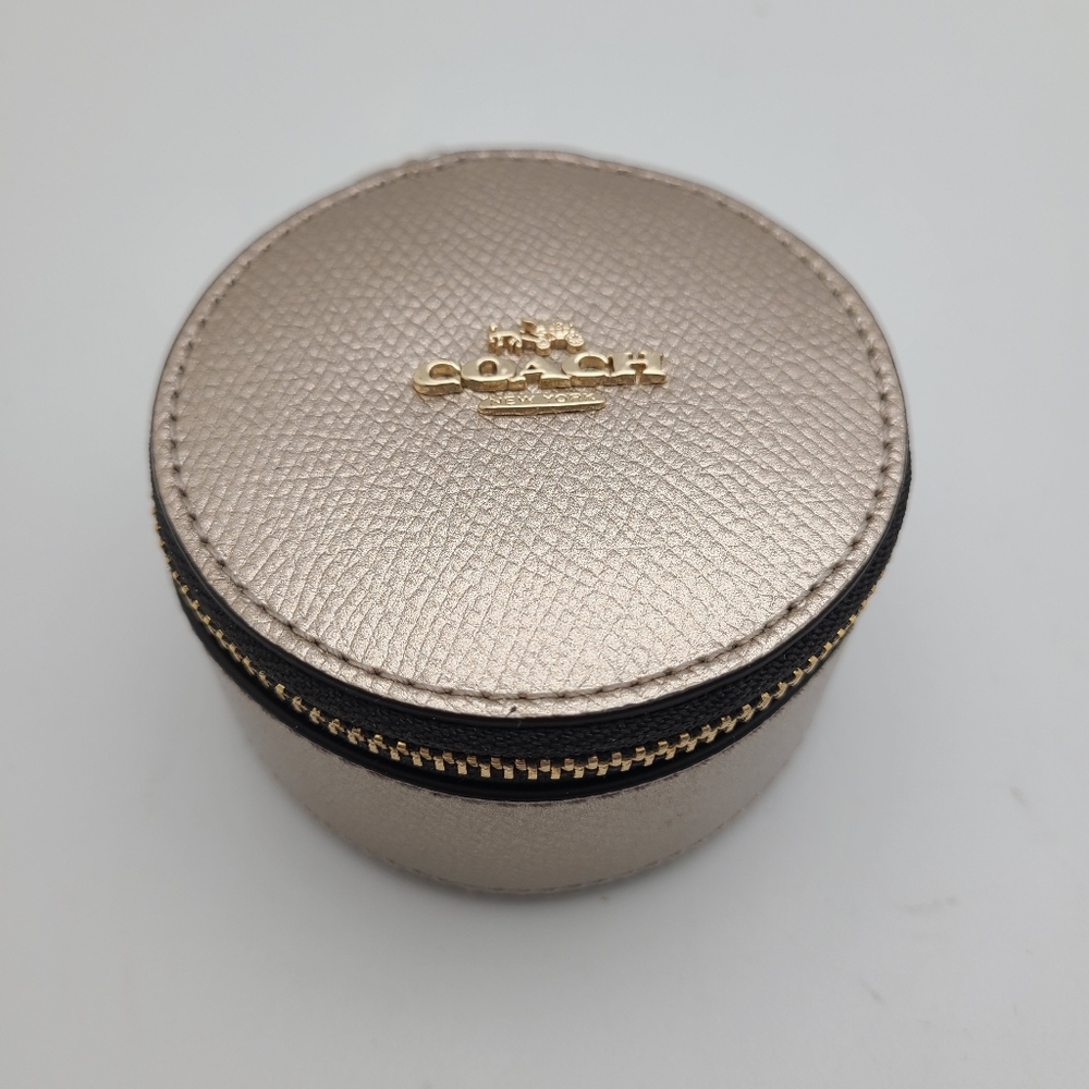 Coach Gold Metallic Leather Round Trinket Box NEW